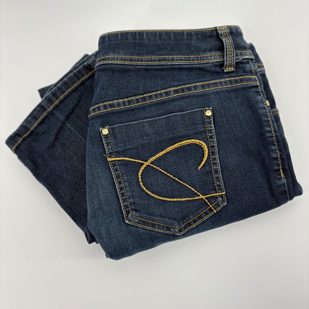 Chico's Platinum Dark Wash Straight Leg Jeans Gold Embroidery‎ Size 0 Short